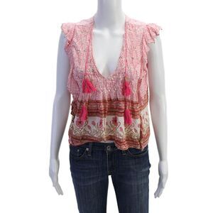 Bell Womens Cotton Abstract Print Sleeveless V-Neck Sequined Blouse Pink Size S